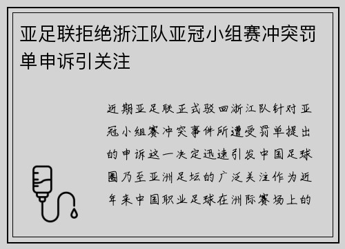 亚足联拒绝浙江队亚冠小组赛冲突罚单申诉引关注 亚足联拒绝浙江队亚冠小组赛冲突罚单申诉引关注