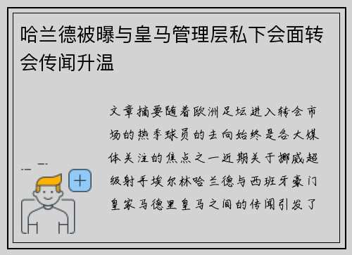 哈兰德被曝与皇马管理层私下会面转会传闻升温